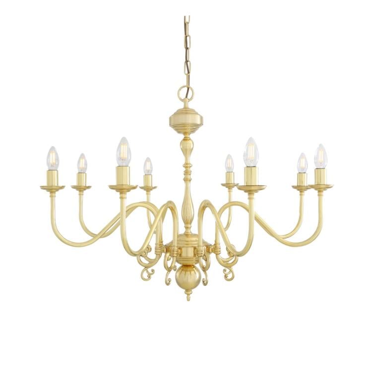 Flemish Candle-Style Brass Single Tier Chandelier, Eight-Light Flemish Candle-Style Brass Single Tier Chandelier, Eight-Light