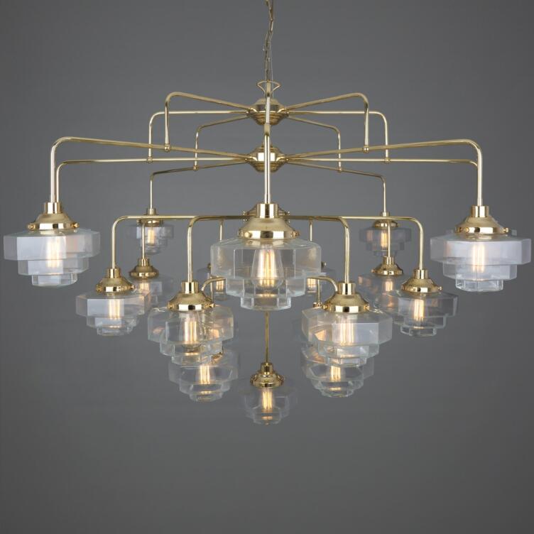 Siena Art Deco Four-Tier Brass Chandelier, 21-Light Siena Art Deco Four-Tier Brass Chandelier, 21-Light