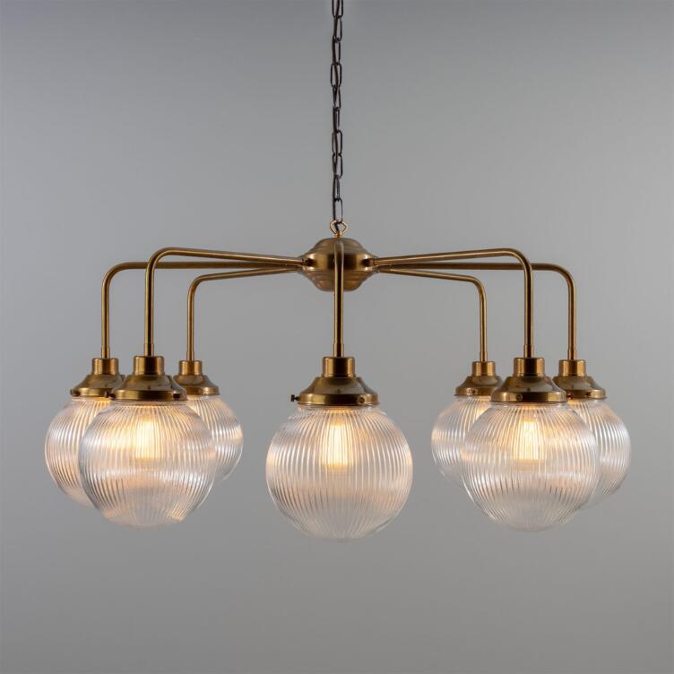 Genoa Prismatic Glass Chandelier, Eight-Light, Antique Brass