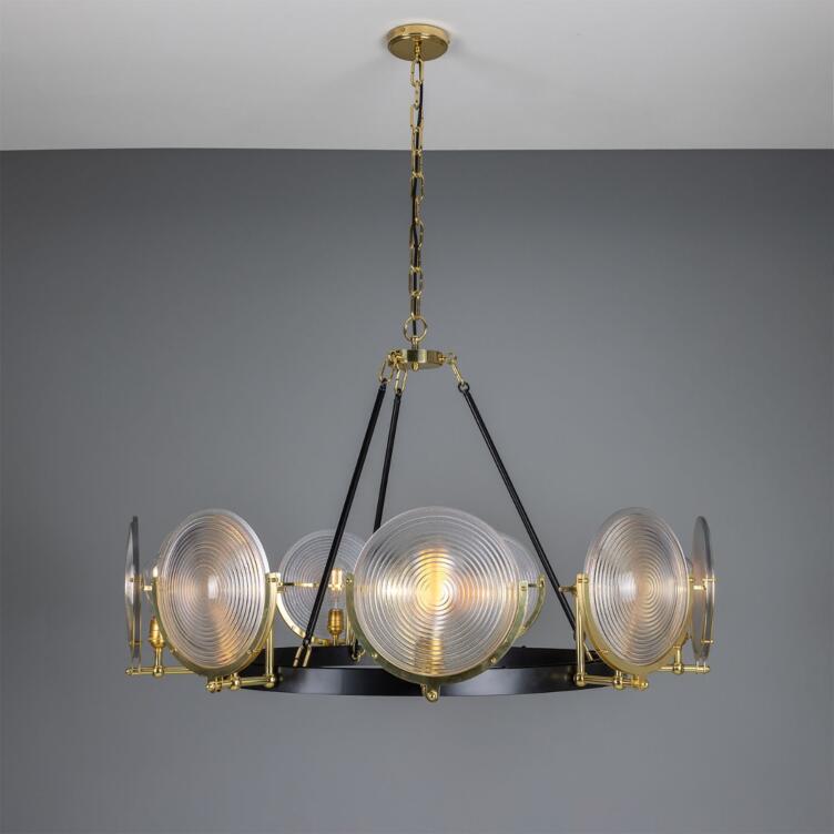 Portland Prismatic Glass Dish Chandelier, Nine-Light, Powder-Coated Matte Black