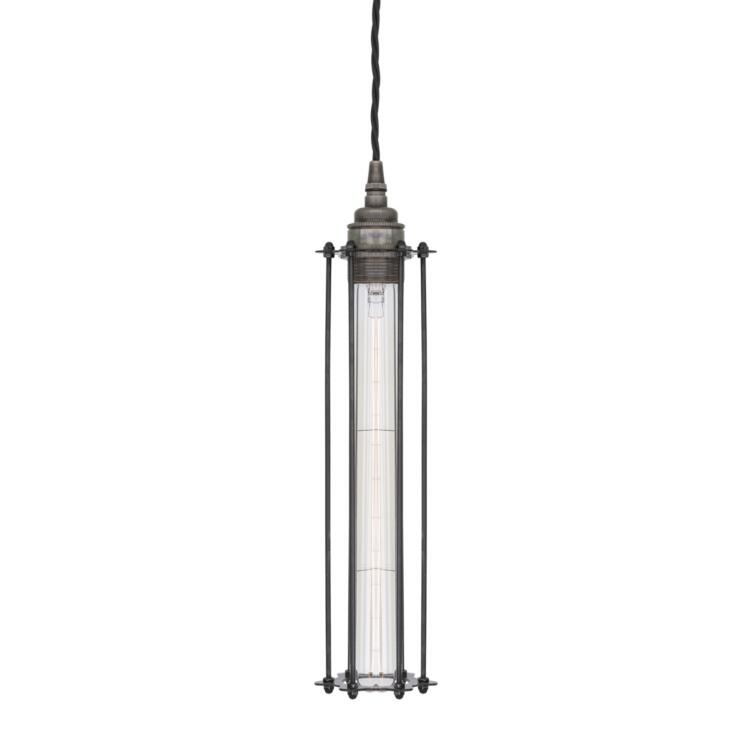 Beirut Industrial Slender Cage Pendant Light, Antique Silver Beirut Industrial Slender Cage Pendant Light, Antique Silver