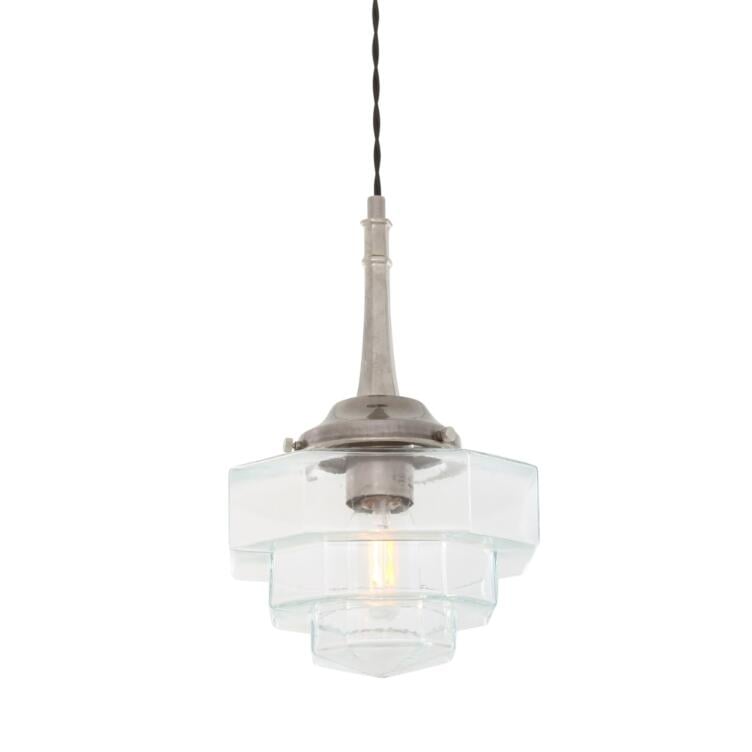 Novato Pendant with Hexagonal Stepped Glass Shade, Antique Silver Novato Pendant with Hexagonal Stepped Glass Shade, Antique Silver