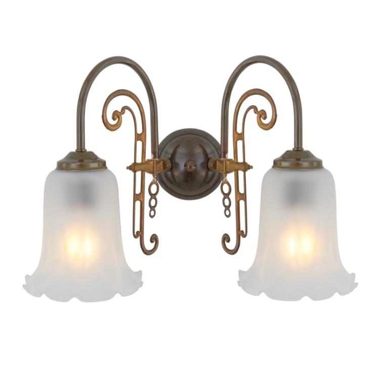 Medan Two-Arm Wall Sconce with Etched Glass Shades, Antique Brass Medan Two-Arm Wall Sconce with Etched Glass Shades, Antique Brass