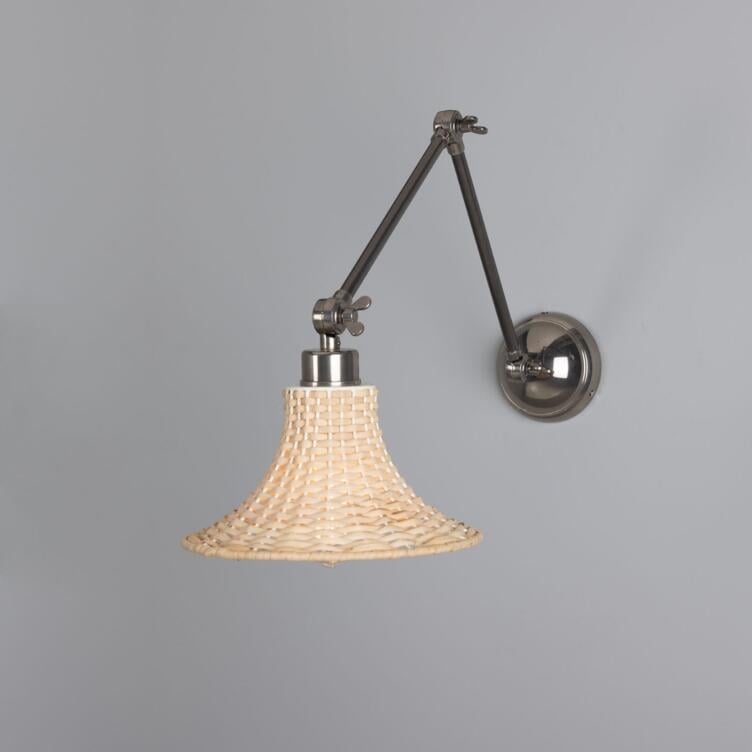 Savannah Adjustable Arm Wall Sconce with Small Bell-Shaped Rattan Shade, Antique Silver Savannah Adjustable Arm Wall Sconce with Small Bell-Shaped Rattan Shade, Antique Silver