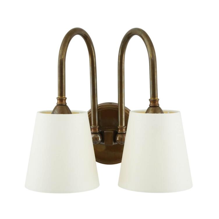 Uppsala Two-Arm Brass Wall Sconce with Fabric Shades, Antique Brass
