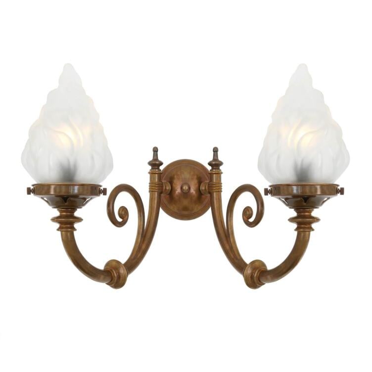 Darwin Two-Arm Wall Sconce with Flame Glass Shades, Antique Brass Darwin Two-Arm Wall Sconce with Flame Glass Shades, Antique Brass