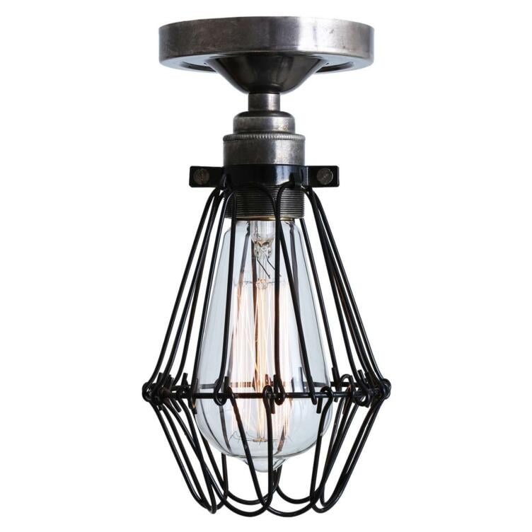 Apoch Industrial Cage Bare Bulb Flush Ceiling Light, Antique Silver