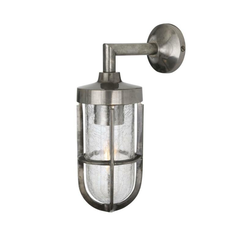 Cladach Brass Well Glass Outdoor Wall Light IP65, Antique Silver and Crackled Glass