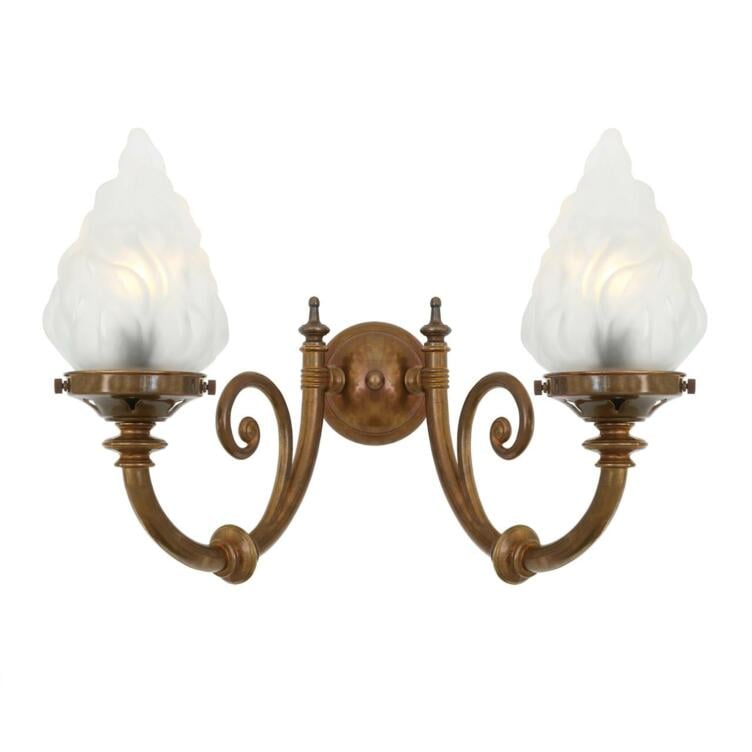 Darwin Two-Arm Wall Sconce with Flame Glass Shades, Antique Brass