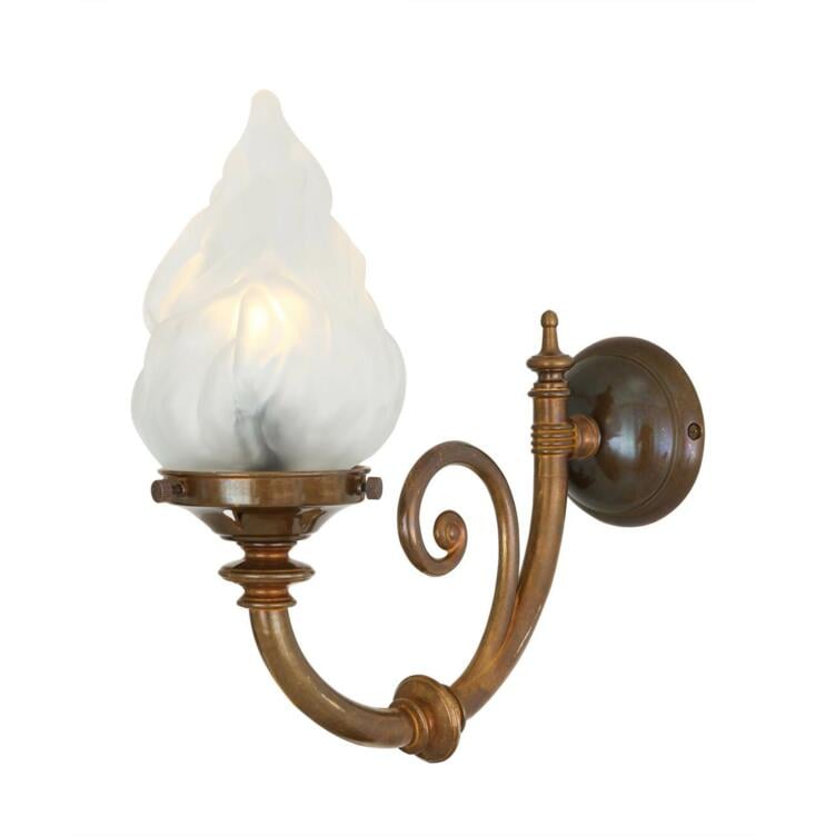 Darwin Traditional Wall Sconce with Flame Glass Shade, Antique Brass