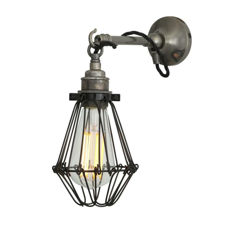 Edom Industrial Cage Wall Light on Hook, Antique Silver and Black Cage