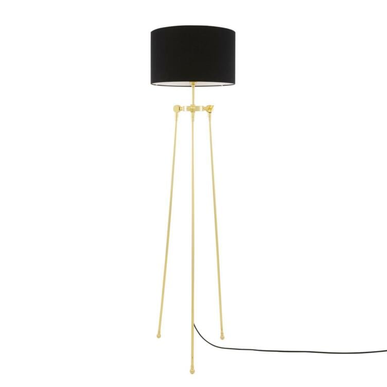 Erill Tripod Brass Floor Lamp with Drum Black Fabric Shade, Polished Brass