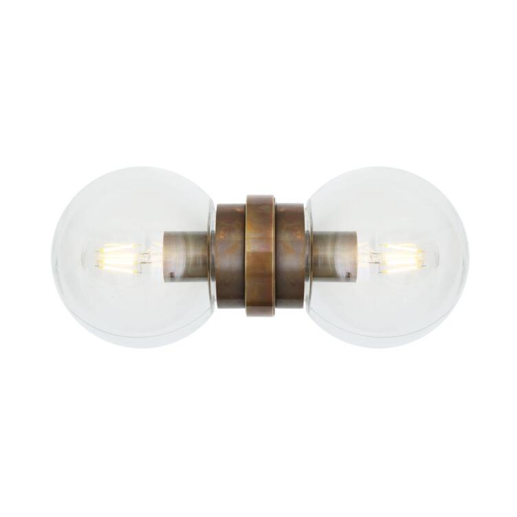 Eske Double Clear / Opal Glass Globe Wall Light, Antique Brass