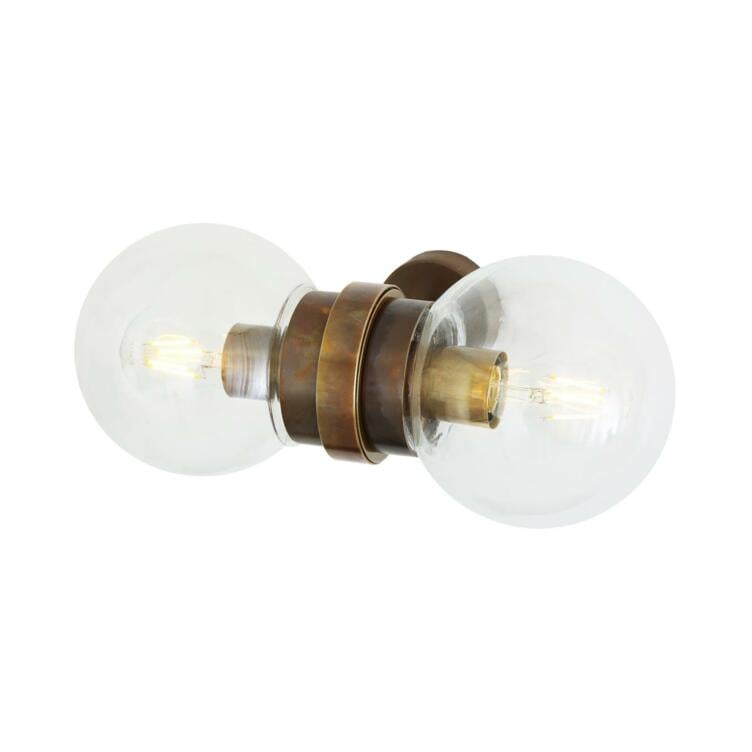 Eske Double Clear / Opal Glass Globe Wall Light, Antique Brass