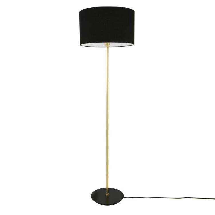 Inch Modern Floor Lamp with Large Drum Black Fabric Shade, Polished Brass and Powder Coated Matte Black Base