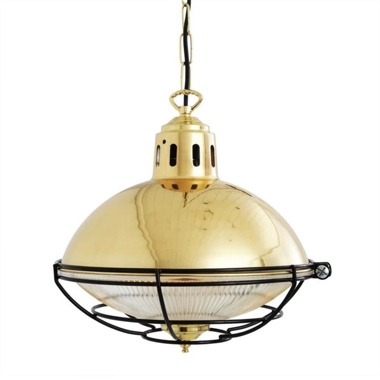 Marlow Industrial Cage Glass Pendant Light 32cm, Polished Brass