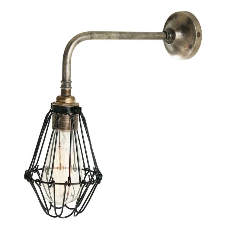 Praia Industrial Cage Brass Wall Light, Antique Silver and Black Cage
