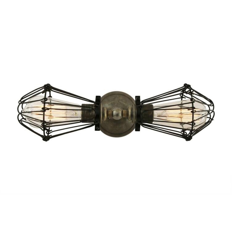Praia Vintage Industrial Double Cage Wall Light, Antique Silver and Black Cage