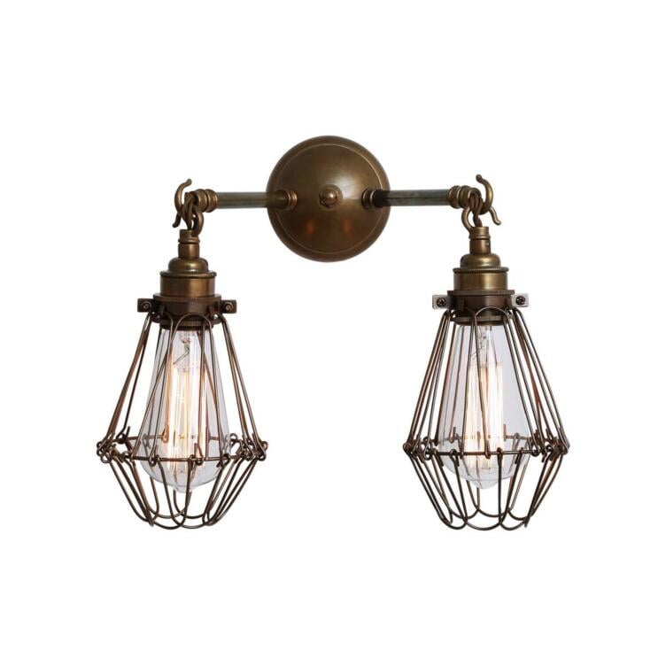 Rigo Double Cage Vintage Brass Wall Light, Antique Silver and Bronze Cage