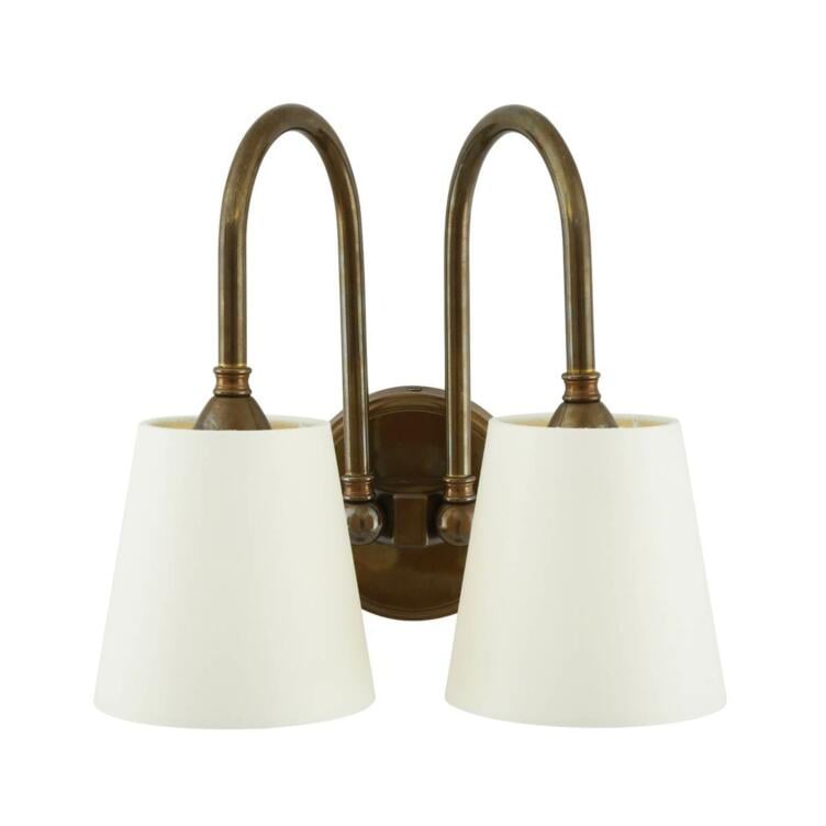 Uppsala Two-Arm Brass Wall Sconce with Fabric Shades, Antique Brass