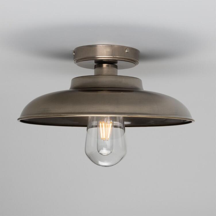 Darya Industrial Brass Ceiling Light IP65, Antique Silver, Clear Glass
