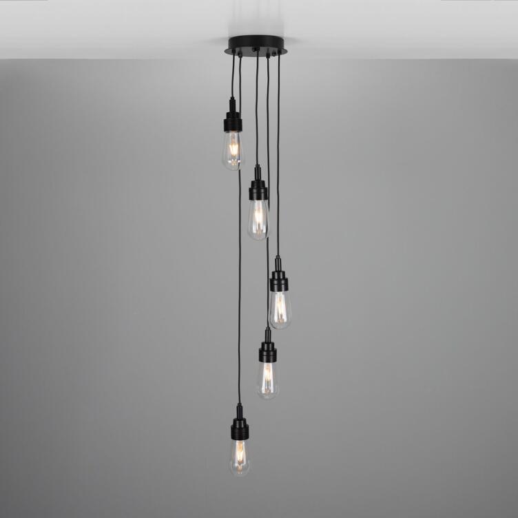 Seoul Bathroom Cluster Pendant IP65, Five Light, Powder-Coated Matte Black, Clear Teardrop