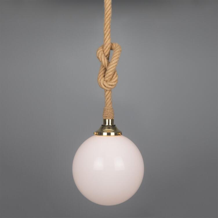 Azores Jute Rope Pendant Light with Opal Glass Globe 11.8" IP44, Polished Brass