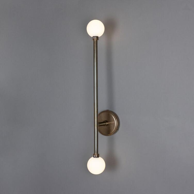 Gunning Double Globe Slim Bathroom Wall Light 28" IP44, Antique Brass