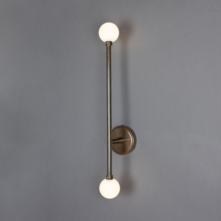 Gunning Double Globe Slim Bathroom Wall Light 71cm IP44, Antique Brass