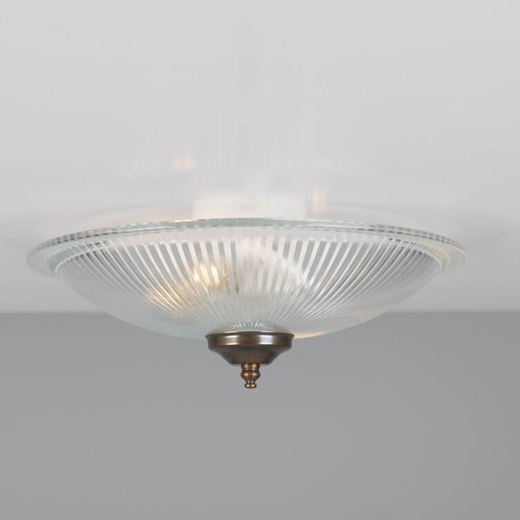 Nicosa Shallow Holophane Glass Flush Ceiling Light 30cm, Antique Brass