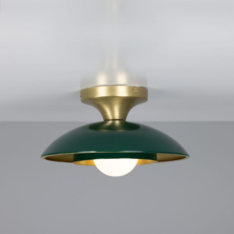 Marrakesh Art Deco Flush Ceiling Light 25cm, Satin Brass and Powder-Coated Racing Green