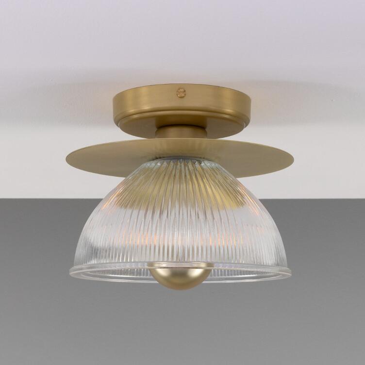 Eclipse Brass and Holophane Glass Dish Ceiling Light, Satin Brass