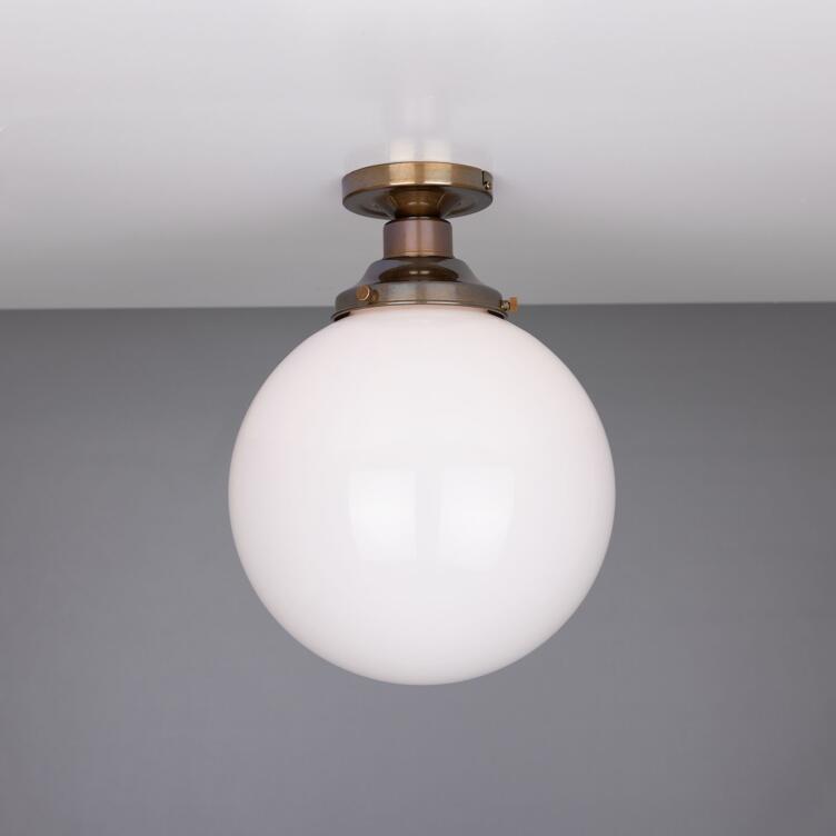 Yerevan Opal Globe Flush Ceiling Light 25cm, Antique Brass