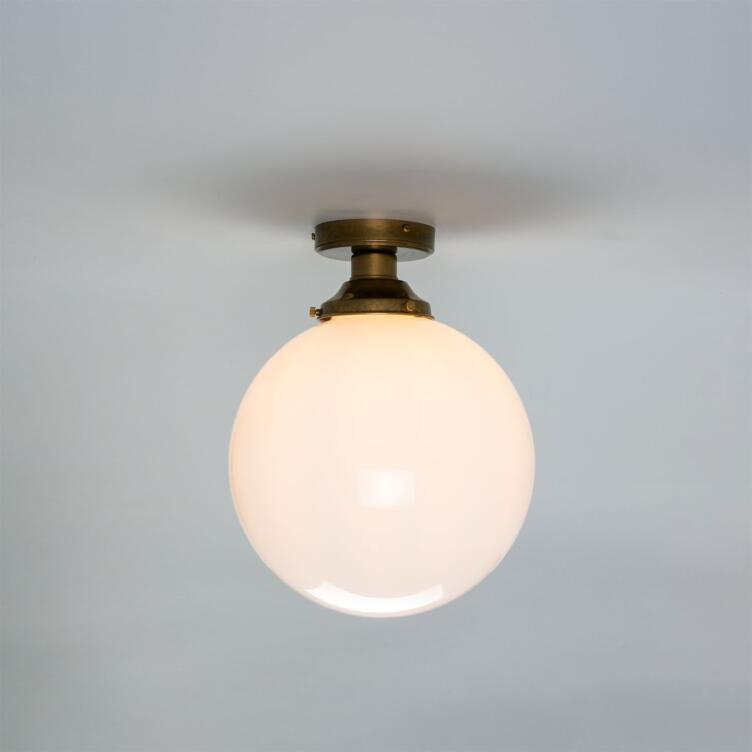 Yerevan Opal Globe Flush Ceiling Light 30cm, Antique Brass