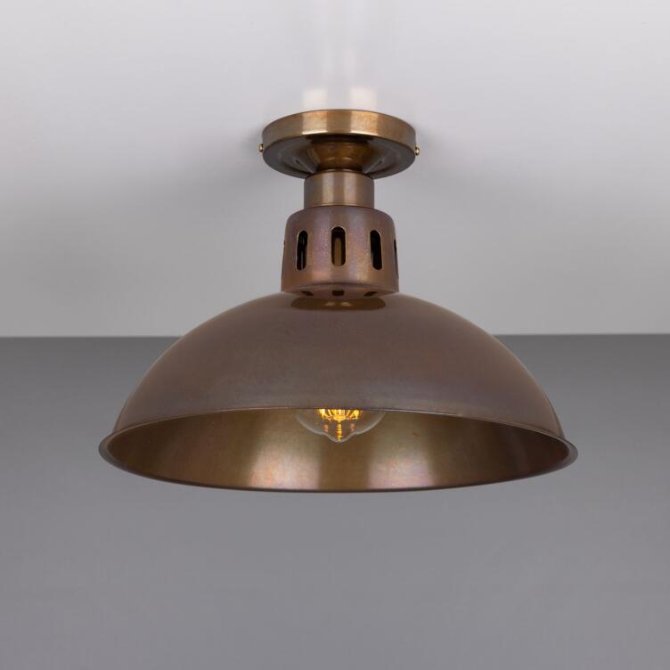 Paris Industrial Flush Ceiling Light 30cm, Antique Brass