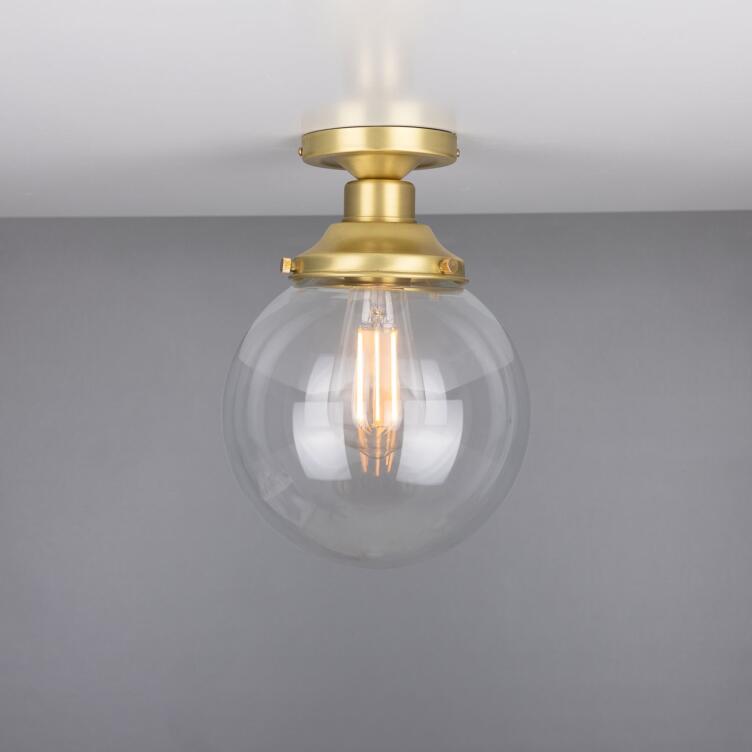 Riad Clear Glass Globe Flush Ceiling Light 20cm, Satin Brass