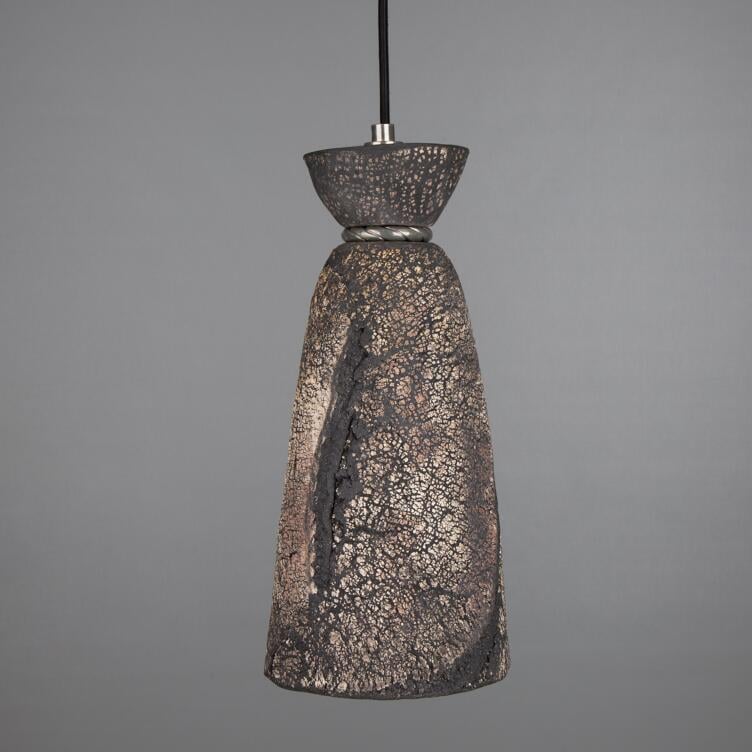 Parva Ceramic Bathroom Pendant Light 14cm, Black Clay, Antique Silver