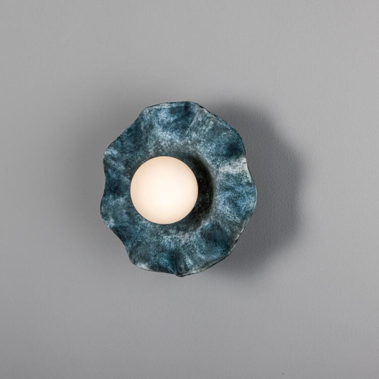 Rivale Bathroom Wall Light with Wavy Ceramic Shade, Blue Earth IP44, Antique Silver