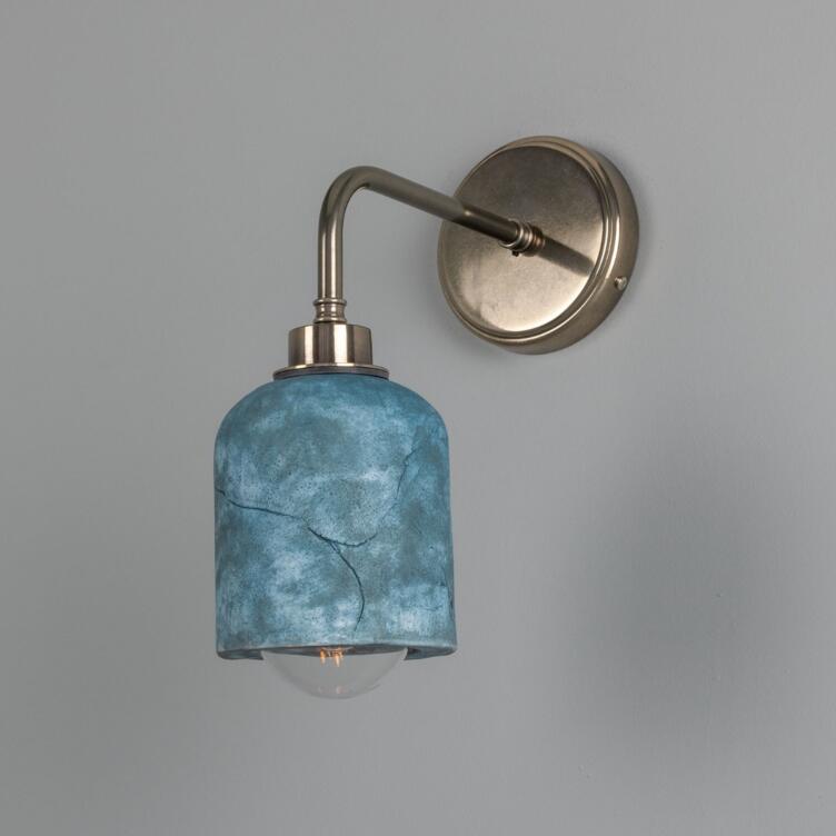 Osier Organic Ceramic Bathroom Wall Light, Blue Earth IP44, Antique Silver