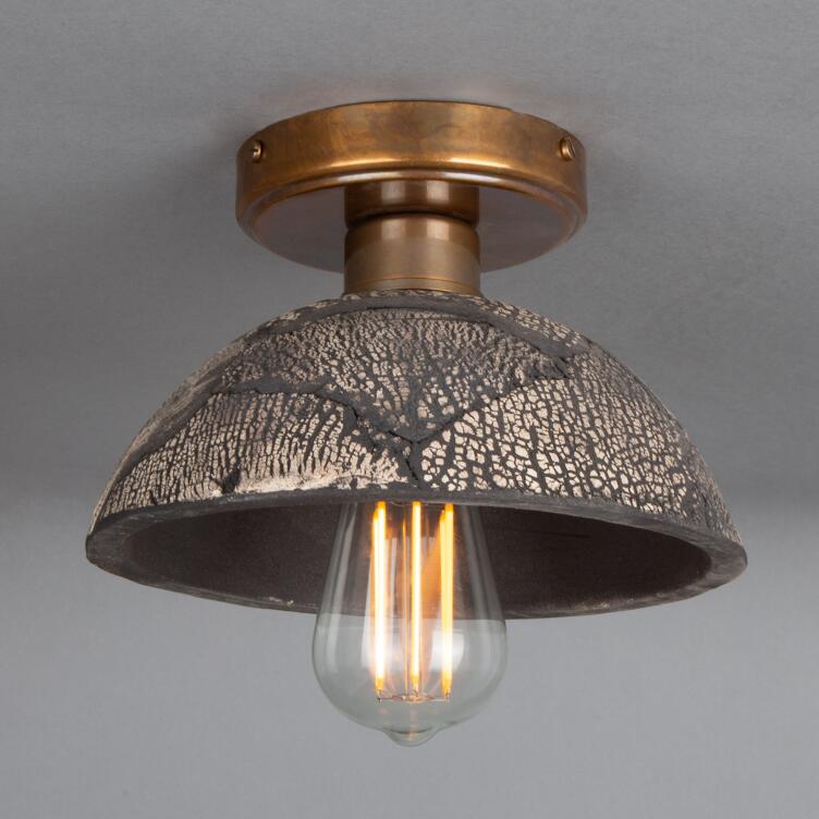 Kauri Organic Ceramic Dome Ceiling Light 20cm, Black Clay, Antique Brass