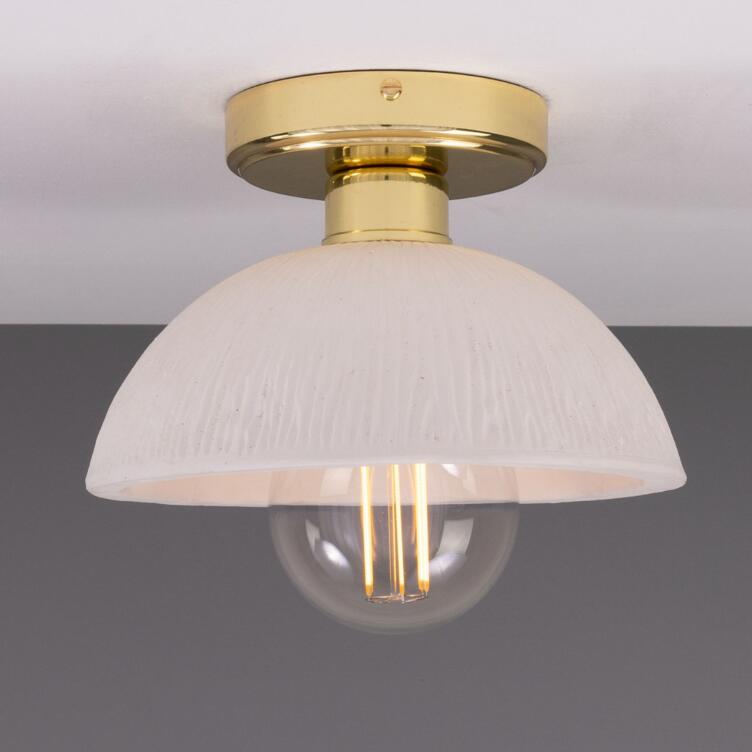 Kauri Organic Ceramic Dome Ceiling Light 20cm, Matte White Striped, Polished Brass
