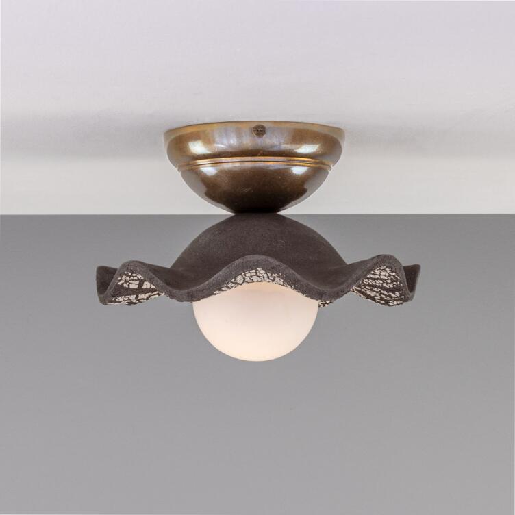 Rivale Ceiling Light with Wavy Ceramic Shade, Black Clay, Antique Brass