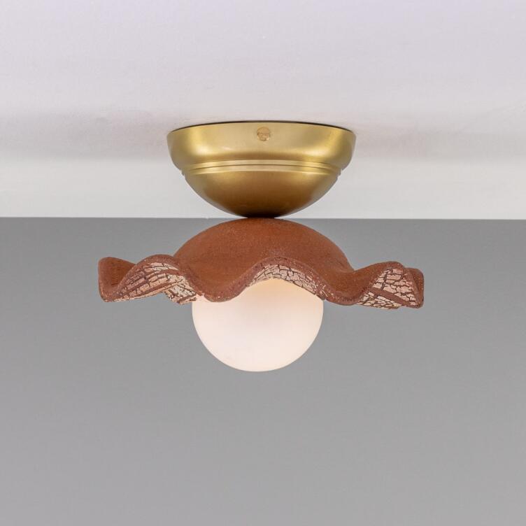 Rivale Ceiling Light with Wavy Ceramic Shade, Red Iron, Satin Brass