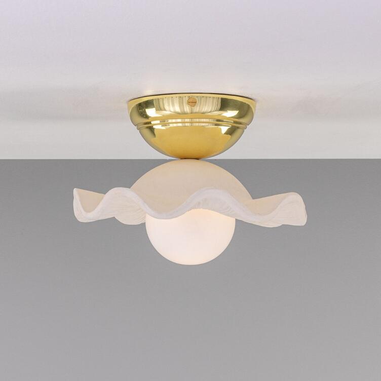 Rivale Ceiling Light with Wavy Ceramic Shade, Matte White Striped, Polished Brass