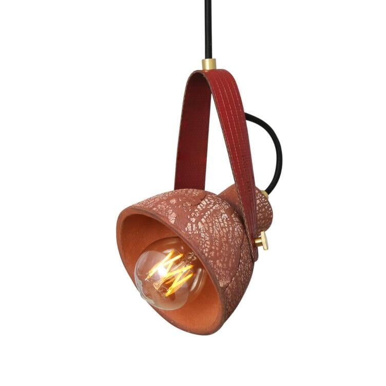 Pera Ceramic Pendant with Rescued Fire-Hose Strap, Red Iron