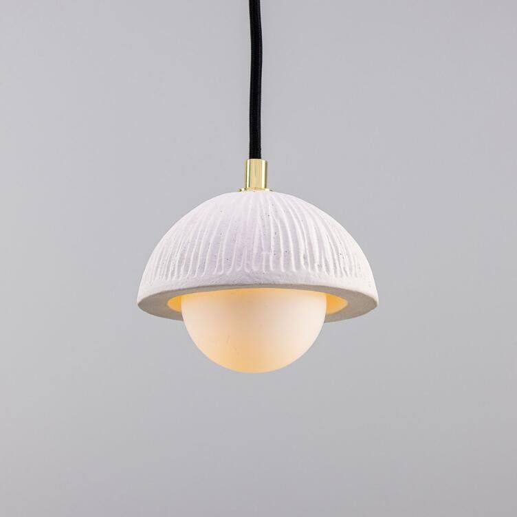 Ferox Small Ceramic Dome Pendant Light 14cm, Matte White Striped, Polished Brass