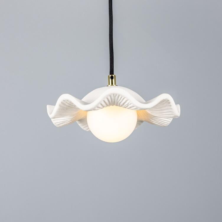 Rivale Pendant Light with Wavy Ceramic Shade, Matte White Striped, Polished Brass