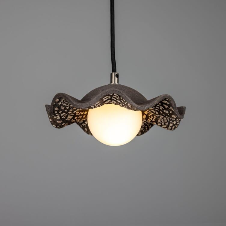 Rivale Pendant Light with Wavy Ceramic Shade, Black Clay, Antique Silver