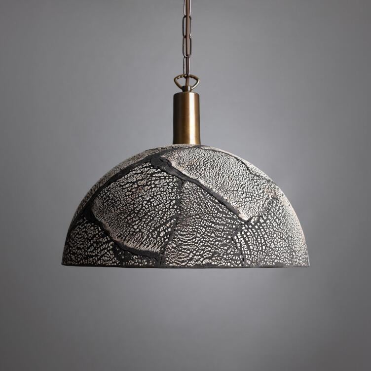 Kauri Organic Ceramic Dome Pendant Light 37cm, Black Clay, Antique Brass