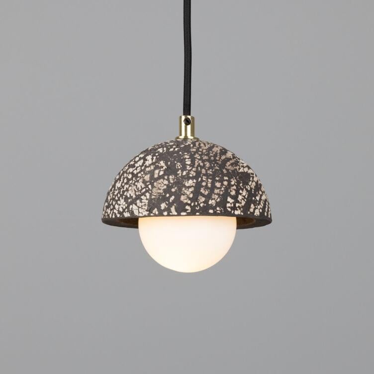 Ferox Small Ceramic Dome Pendant Light 5.5", Black Clay, Polished Brass